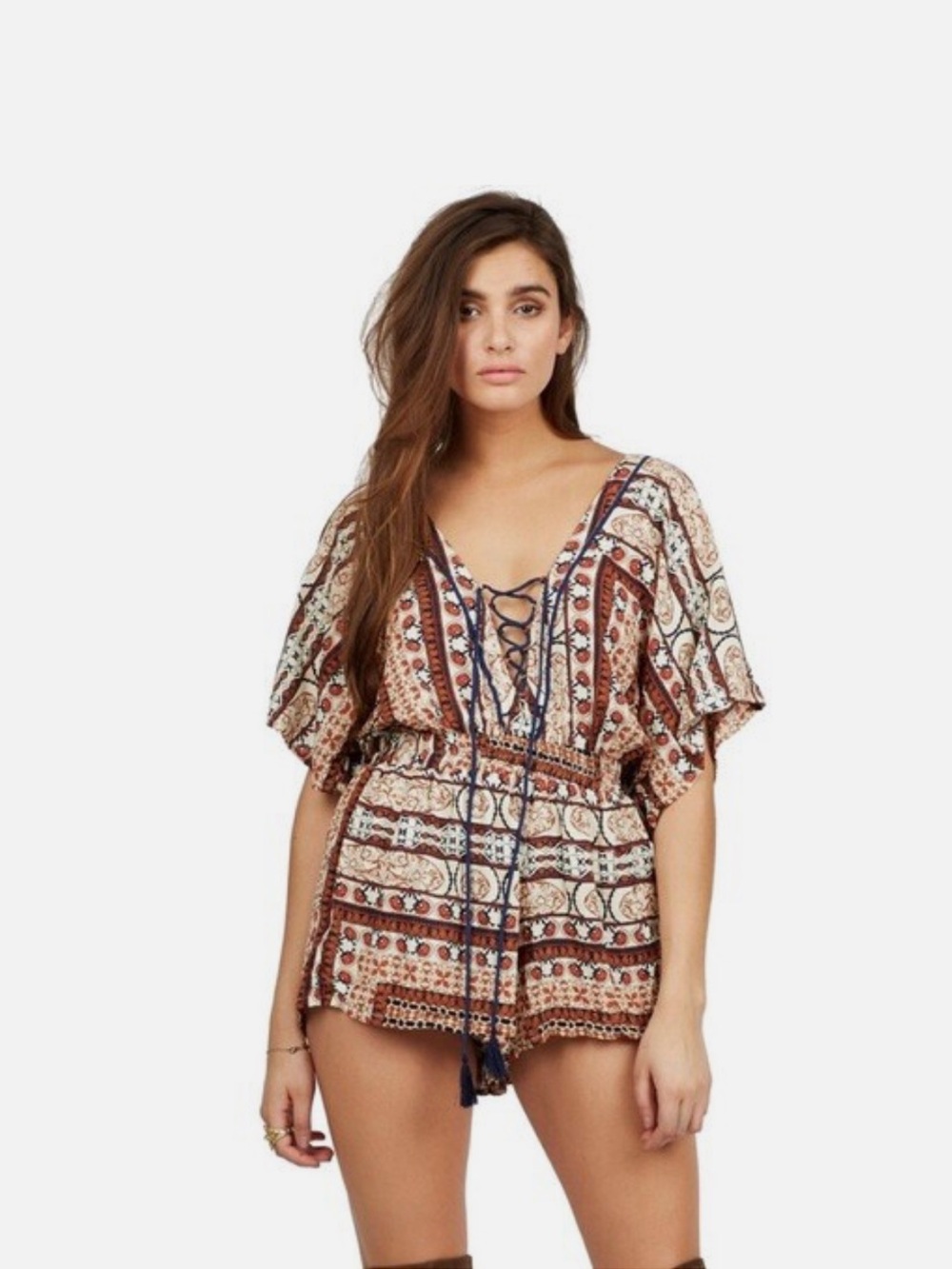 Cleobella Wesley Bohemian Tassel Geometric Paisley Romper Brown XS